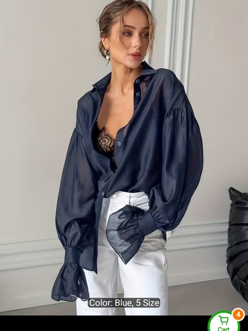 Elegant Navy Blue Balloon Sleeve Button-Up Top